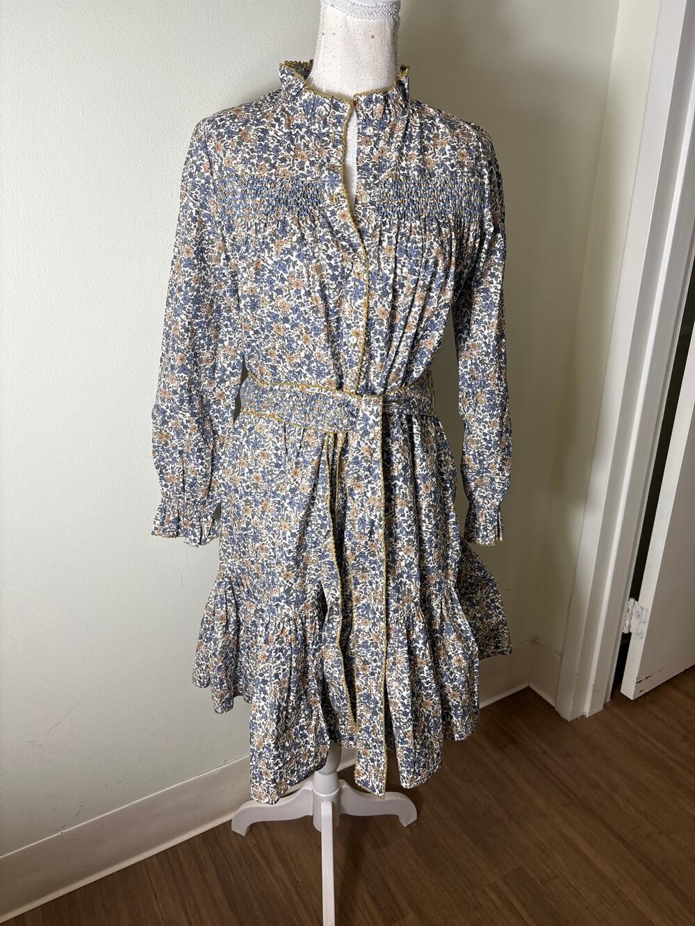 NWT Baybala Green and Blue Mini Floral Long Sleeve Belted Dress sz L